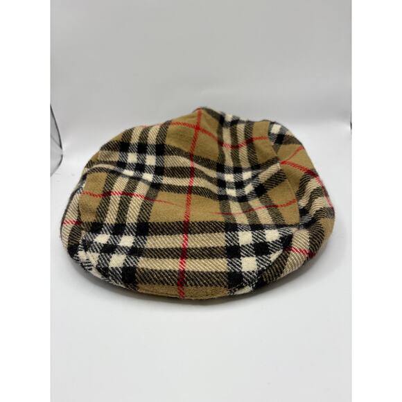 Vintage 90s Burberry Wool Plaid Beret Flat Hat OSFA Brown Newsboy Western Preppy - Picture 1 of 9